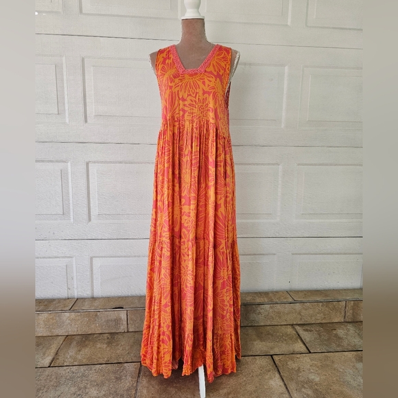 Free People Dresses & Skirts - Free People Boho Maxi Dress L Orange Pink Floral Crochet Lace Festival Flowy